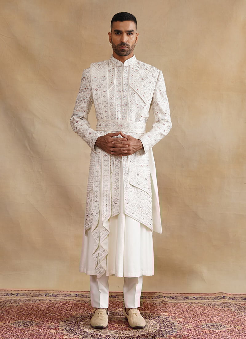 Ivory Silk Zari And Embroidered Stones Indowestern Sherwani Wedding Wear