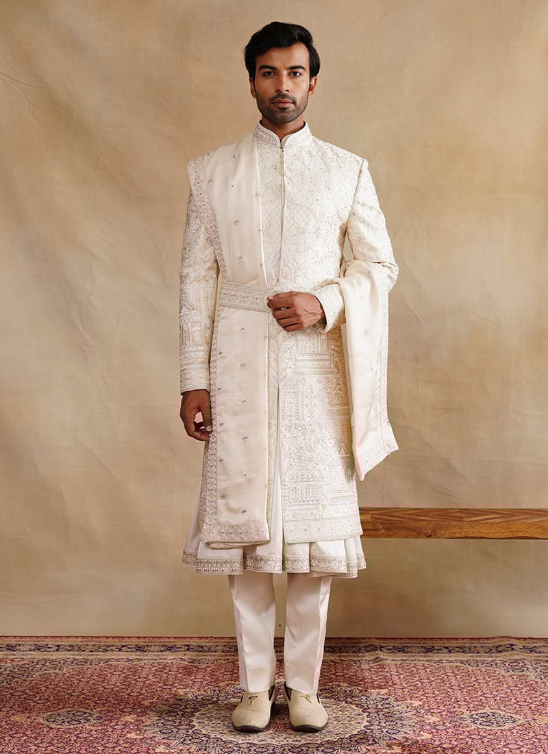 Ivory Silk Zari And Embroidered Stones Indowestern Sherwani Wedding Wear