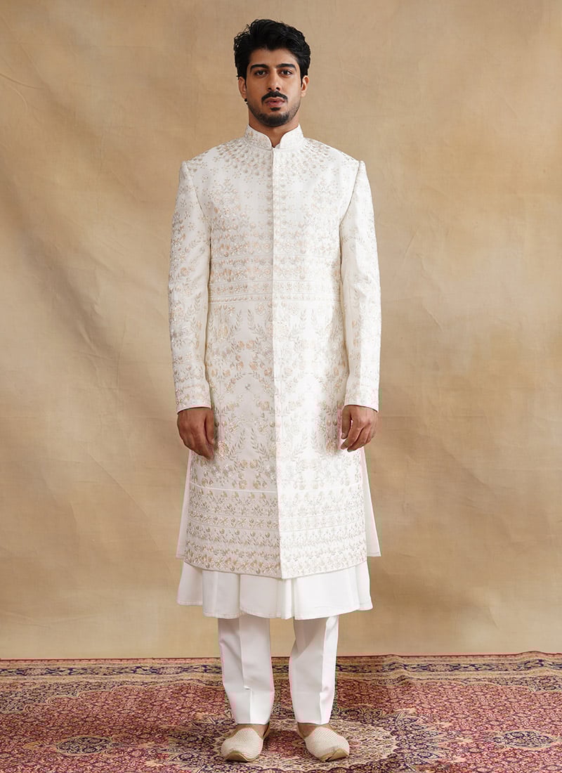 Ivory Silk Zari And Embroidered Stones Indowestern Sherwani Wedding Wear