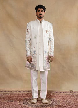 Ivory Silk Zari Embroidered Indowestern Sherwani