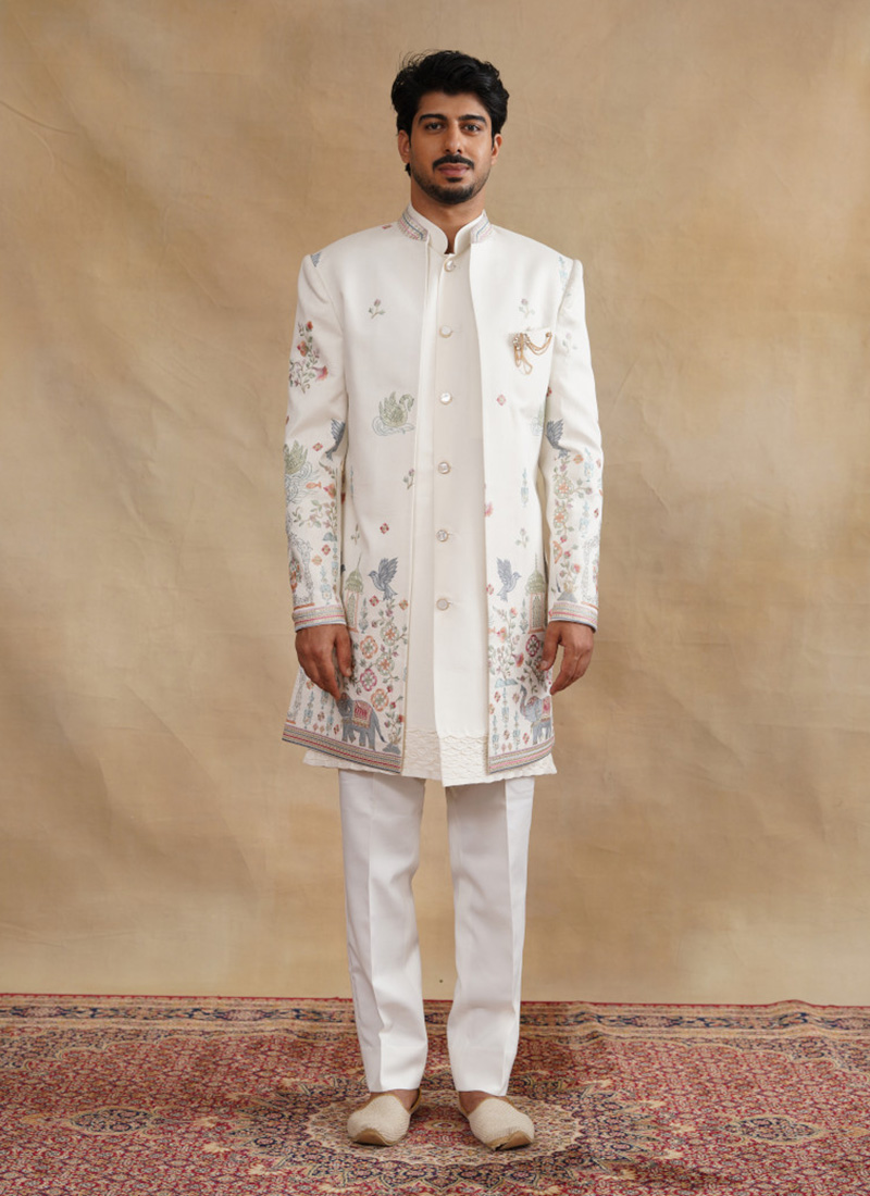 Ivory Silk Zari Embroidered Indowestern Sherwani