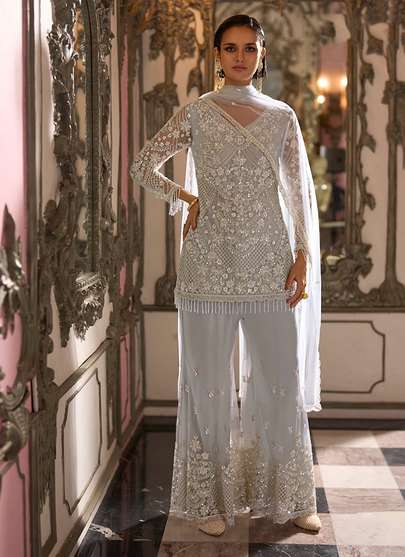Ivory Silver Embroidered Sequin Soft Net Palazzo Suit Festive Wear