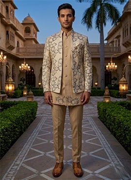 Ivory Velvet Embroidered Sequins Indowestern Sherwani