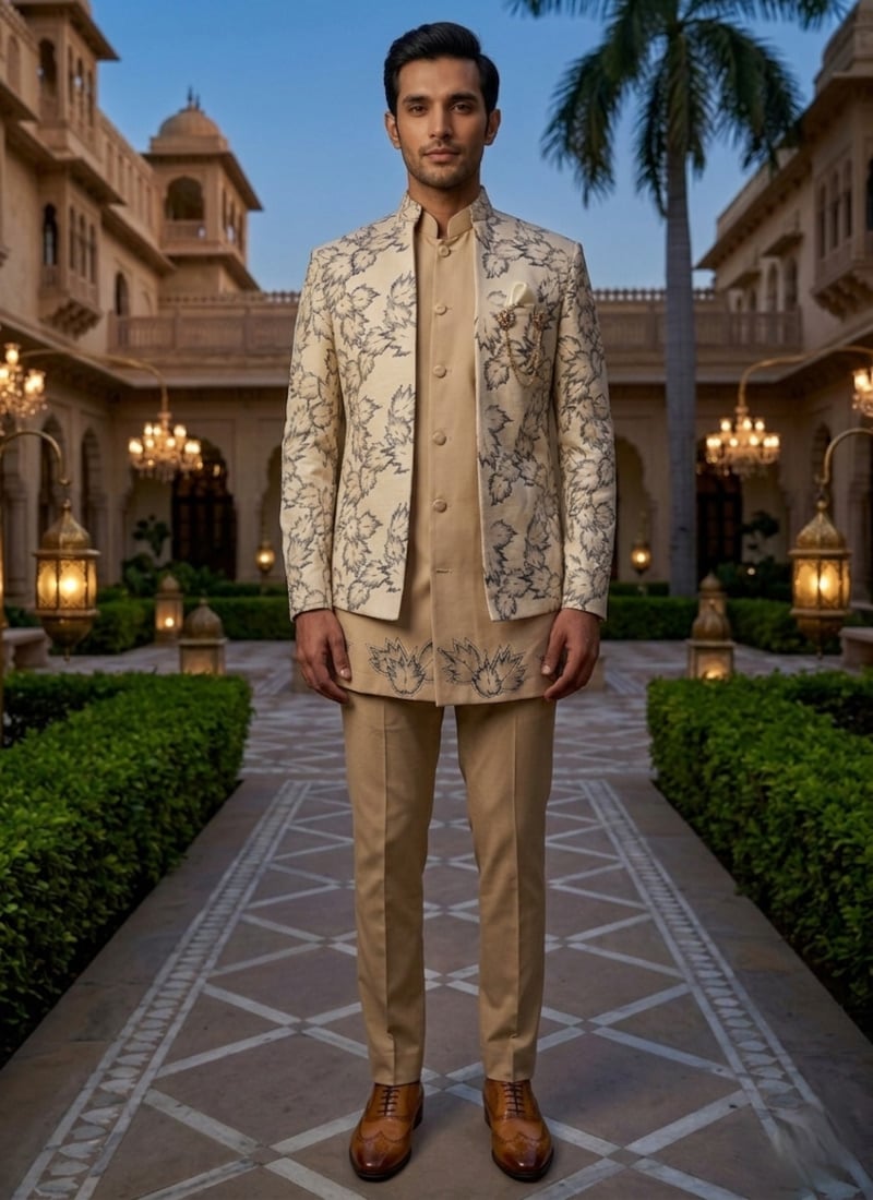 Ivory Velvet Embroidered Sequins Indowestern Sherwani  Wedding Wear