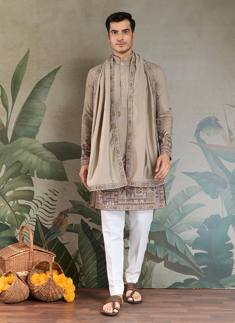 Ivory Viscose Silk Embroidered Sequins Kurta