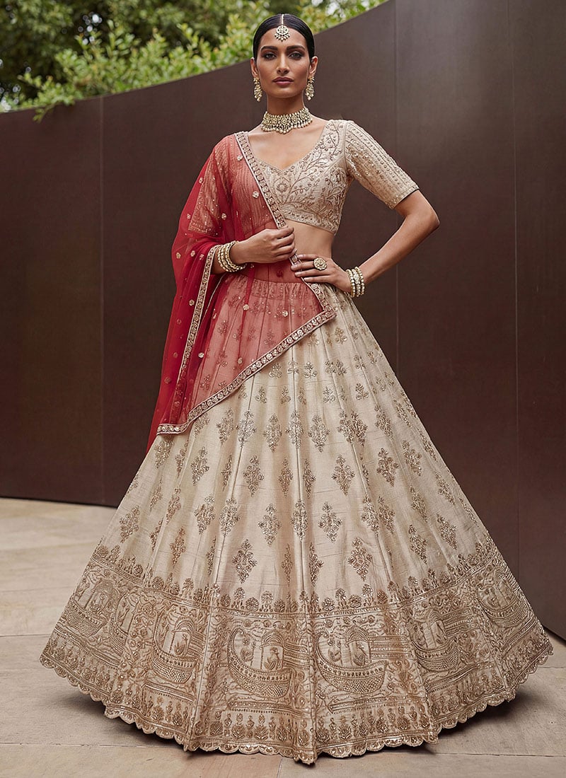 Ivory white Bridal Lehenga With Heritage Zari Work And Double Dupatta Styling Wedding Wear