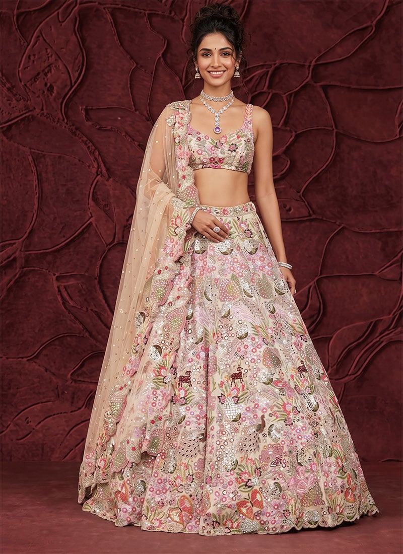 Ivory White Georgette Floral Embroidered Lehenga Wedding Wear