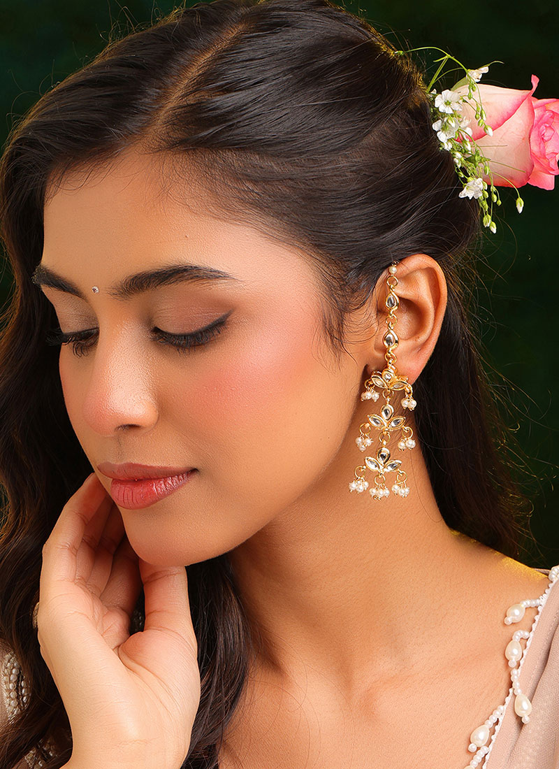 Ivory White Kundan Beads Danglers Festive Wear