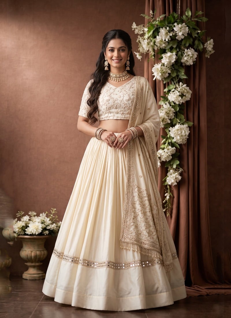 Ivory White Satin Zari Sequins Embroidered Lehenga After Six Wear