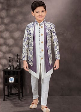 Jacquard Banarasi Silk Indowestern Sherwani In Off White Printed For Boys