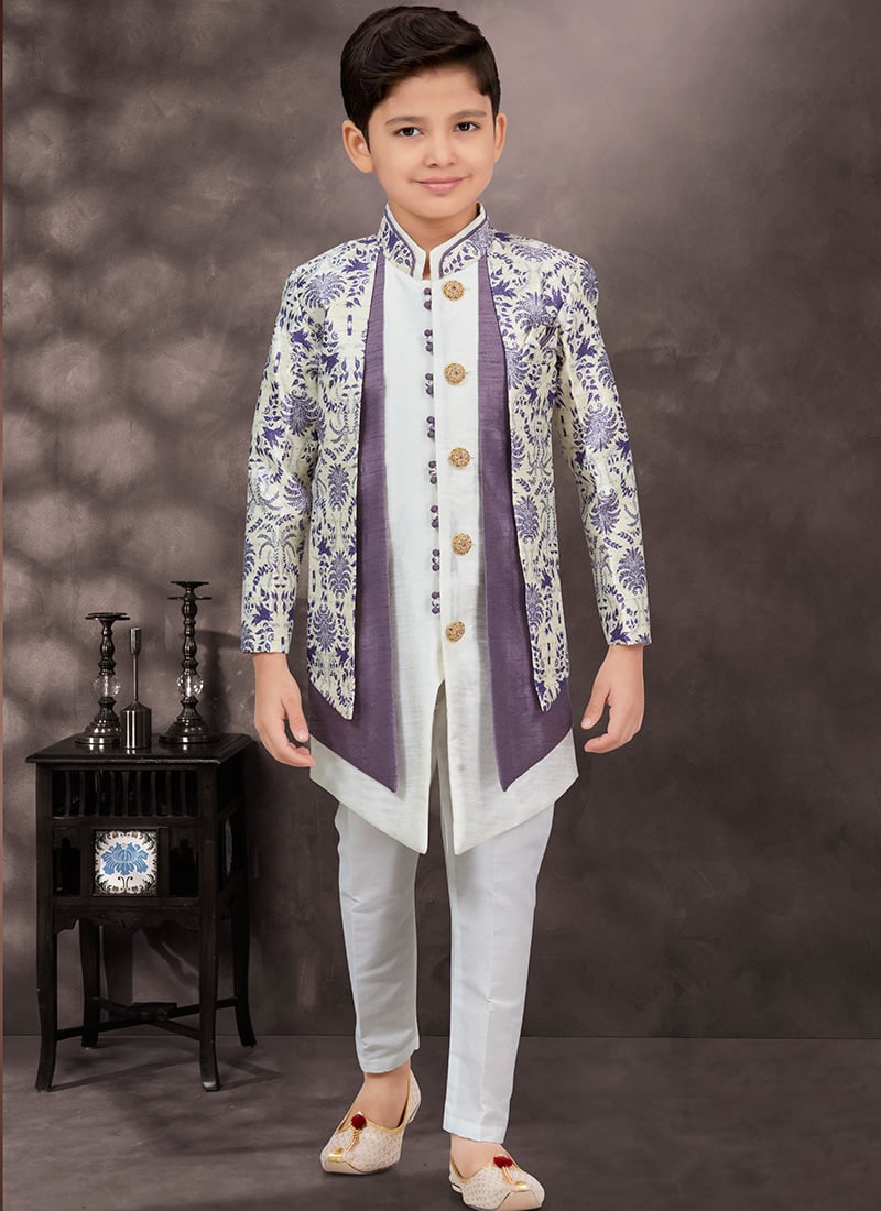 Jacquard Banarasi Silk Indowestern Sherwani In Off White Printed For Boys