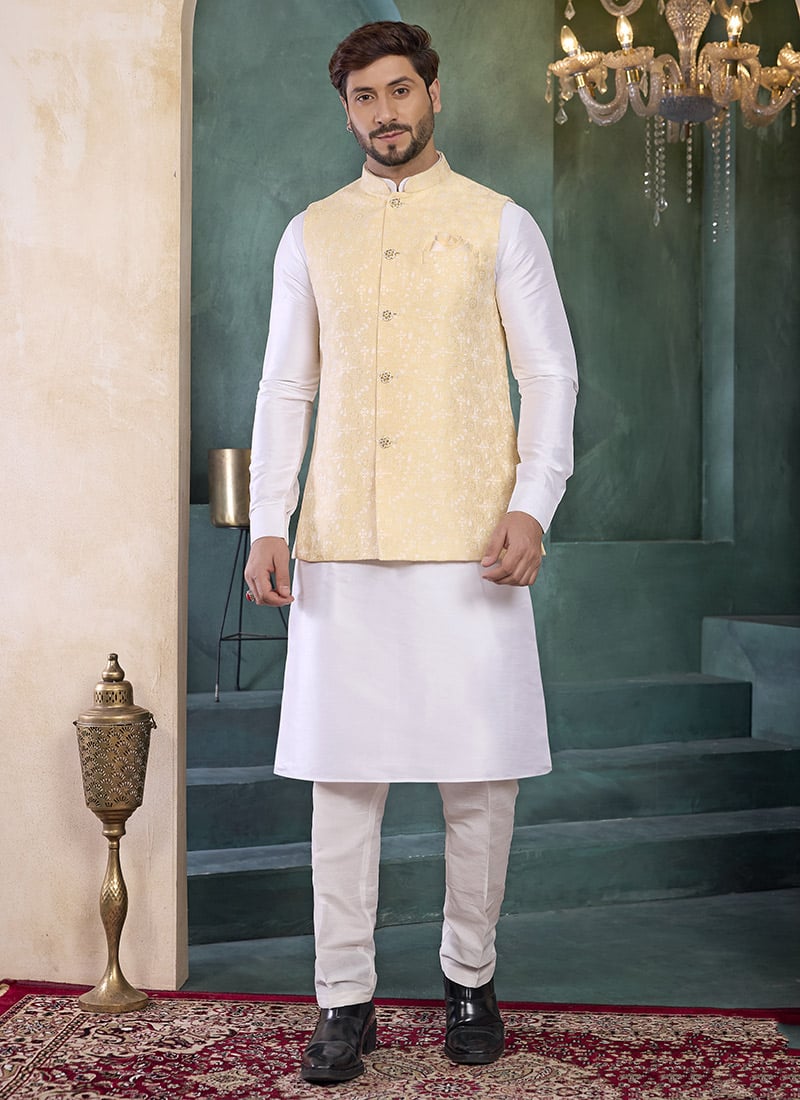 Jacquard Bandi Set Off White Banarasi Silk Festive Wear