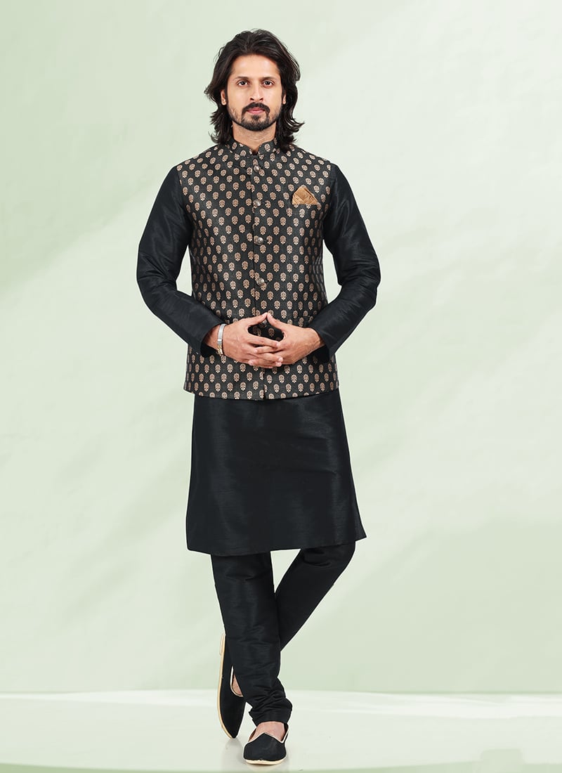 Jacquard Black Banarasi Silk Bandi Set Party Wear