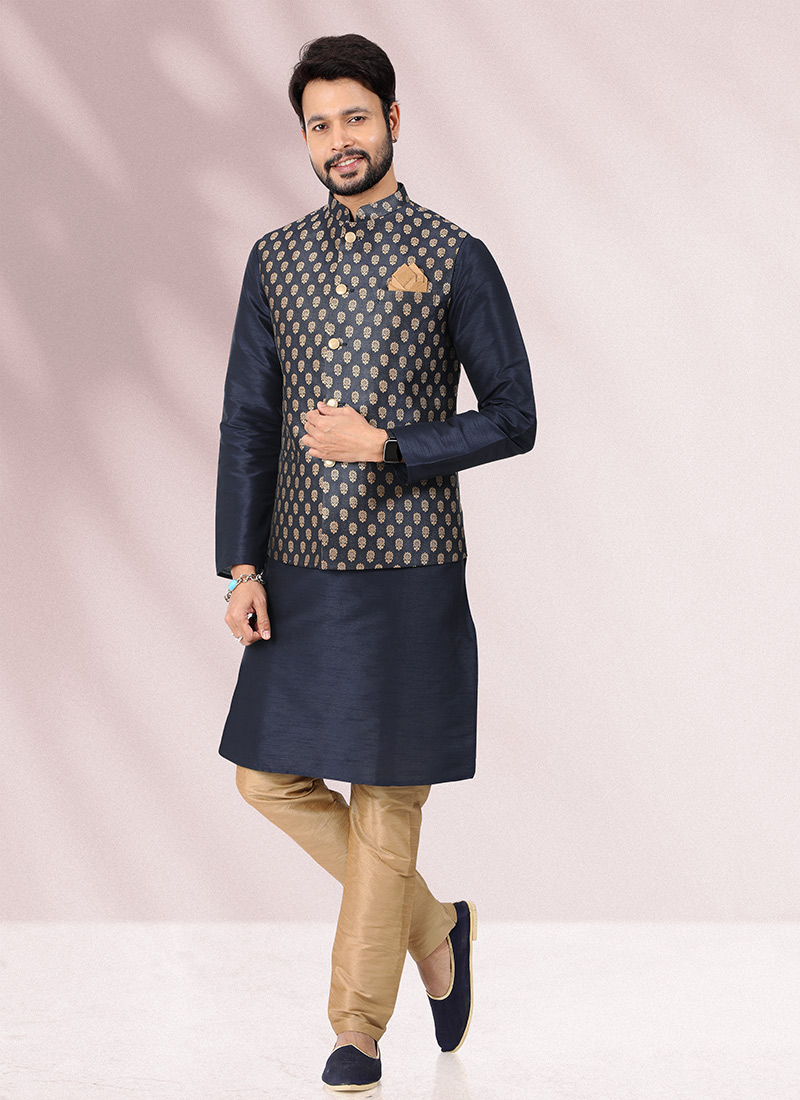 Jacquard Blue Banarasi Silk Bandi Set Party Wear