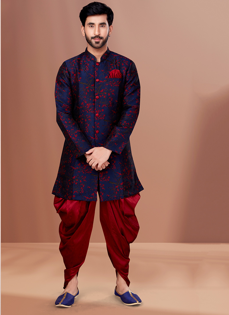 Jacquard N Printed Navy Blue Art Silk Indowestern Sherwani Party Wear