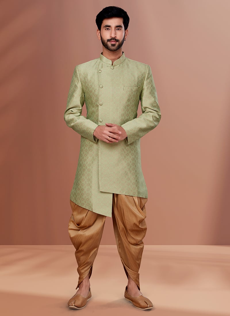 Jacquard N Printed Pista Green Art Silk Indowestern Sherwani Party Wear