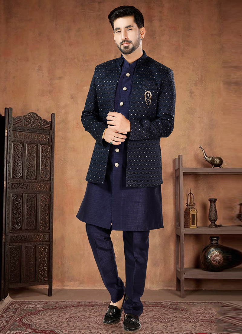Shop Jacquard Print Silk Blue Indowestern Sherwani Wedding Wear Online ...