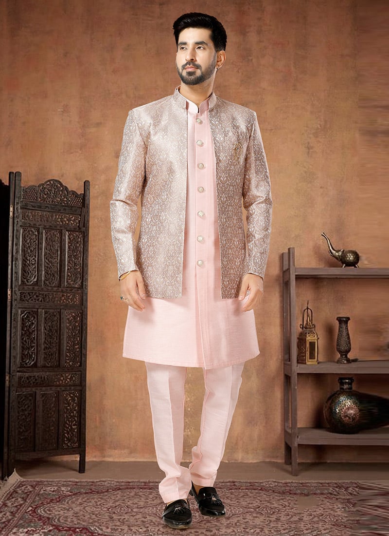Jacquard Print Silk Light Pink Indowestern Sherwani Wedding Wear