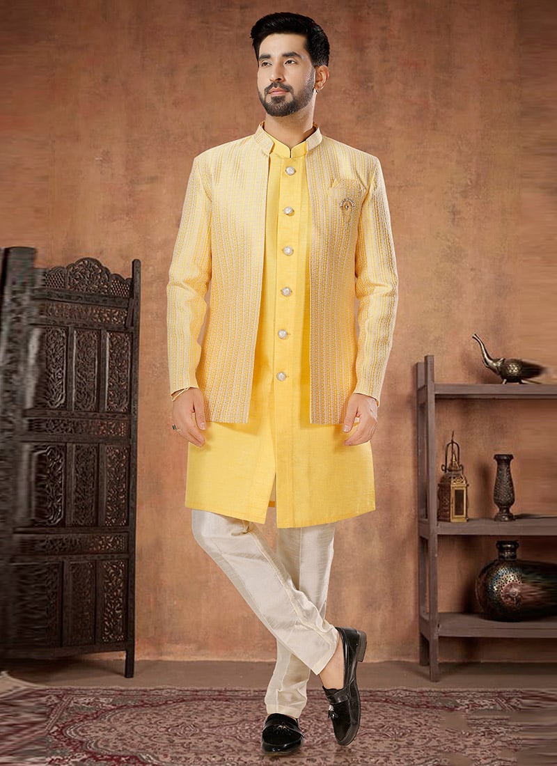 Jacquard Print Silk Yellow Indowestern Sherwani Wedding Wear