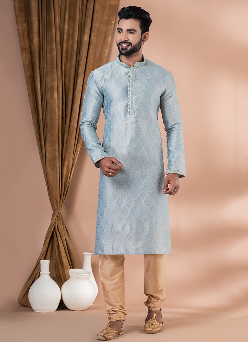 Jacquard Printed Silk Sky Blue Kurta Pyjama Party Wear