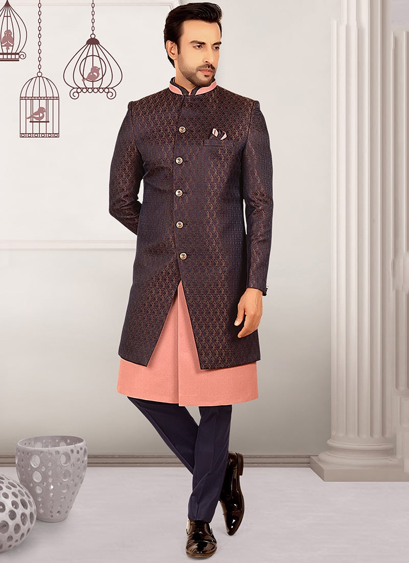 Jacquard Rayon Pink Indowestern Sherwani Wedding Wear