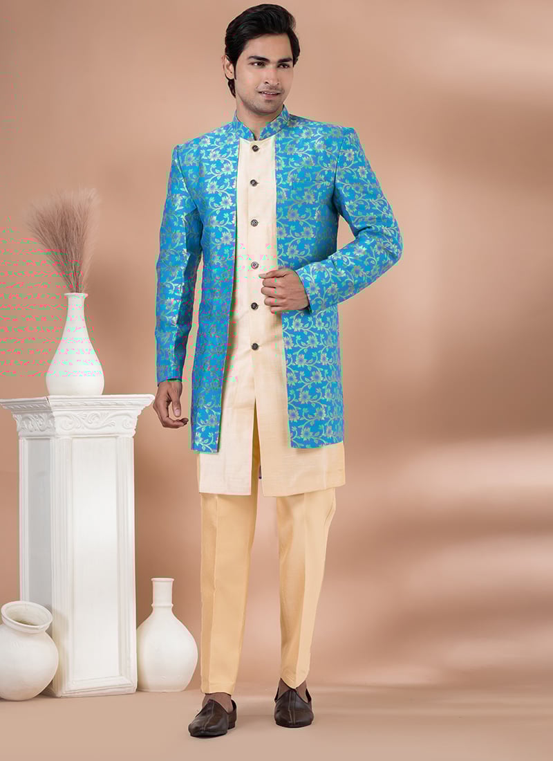 Jacquard Silk Embroidered Indowestern Sherwani Party Wear