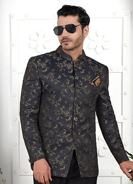 Jacquard Silk Floral Print Bandhgala Jacket