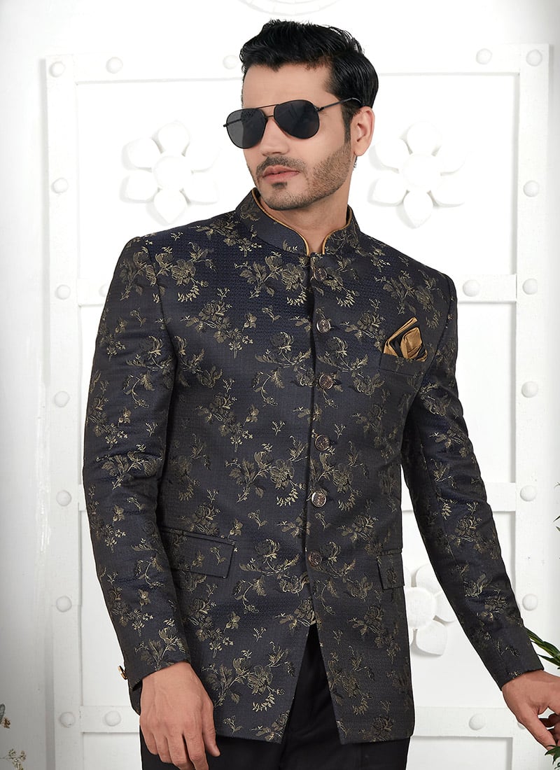 Jacquard Silk Floral Print Bandhgala Jacket