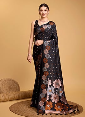 Jacquard Zari Embossed Black Silk Saree