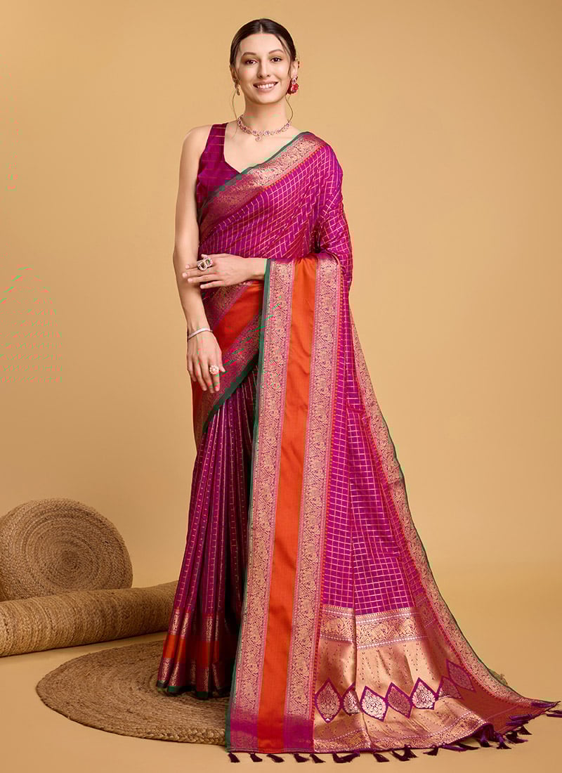 Jacquard Zari Embossed Magenta Silk Saree Festive Wear