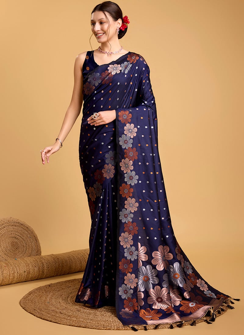 Jacquard Zari Embossed Navy Blue Silk Saree Festive Wear