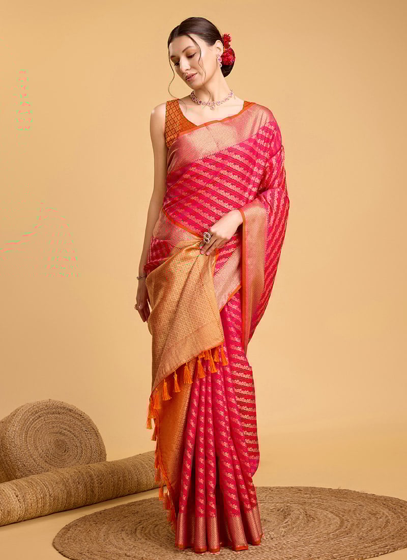 Jacquard Zari Embossed Pink Silk Saree Festive Wear