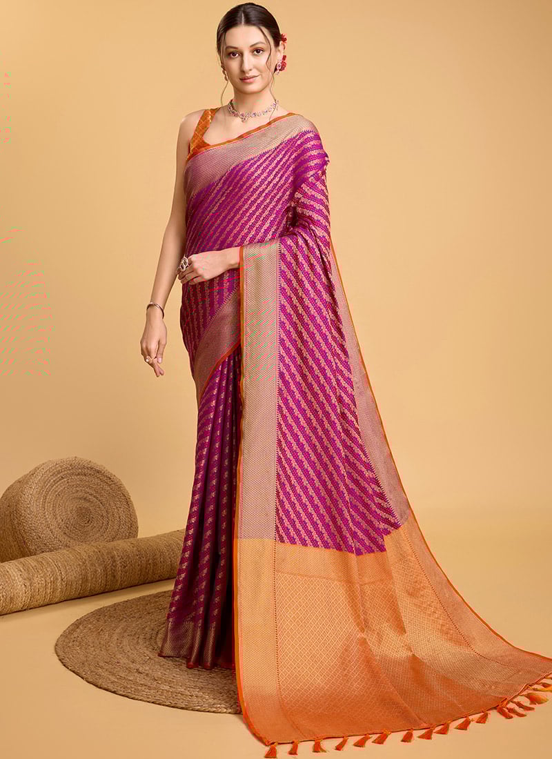 Jacquard Zari Embossed Purple Silk Saree Festive Wear