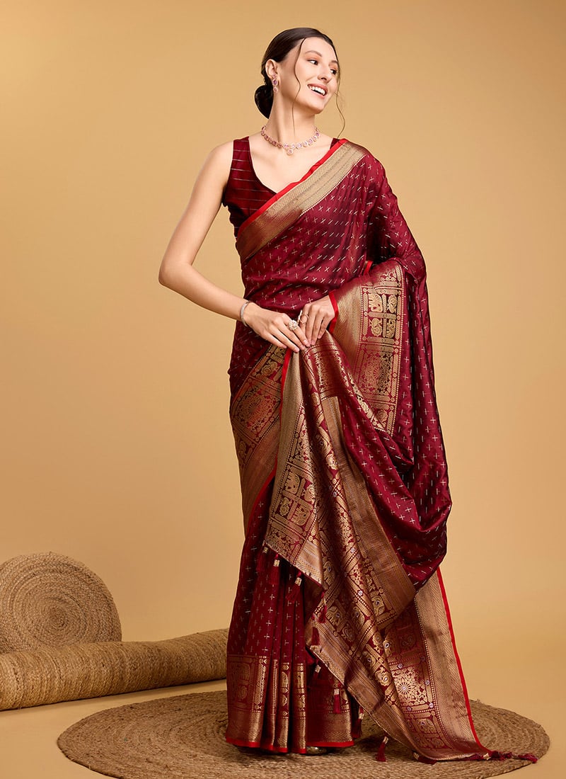 Jacquard Zari Woven Maroon Silk Saree Festive Wear