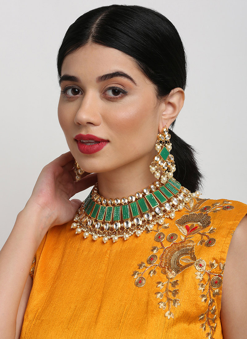 Jewellery For Women In Gold Plated Kundan Work Cream Beads Stones Choker Party Wear