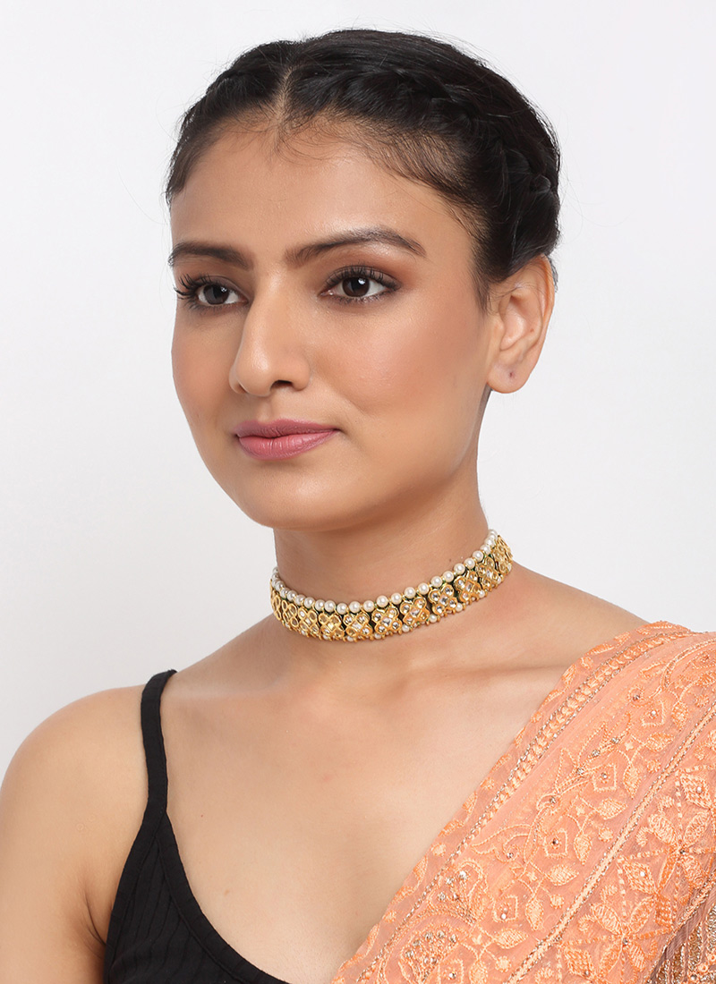 Jewellery For Women In Gold Plated Kundan Work White Beads Stones Choker Party Wear