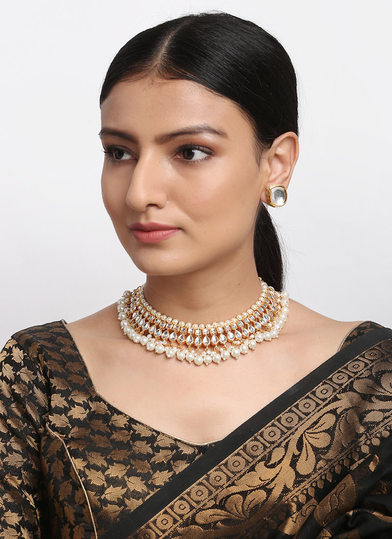 Jewellery For Women In Gold Plated Kundan Work White Beads Stones Choker