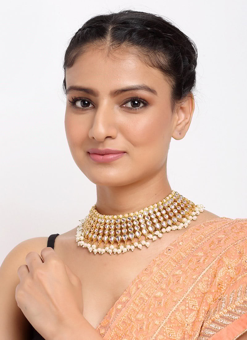 Jewellery For Women In Gold Plated Kundan Work White Beads Stones Choker