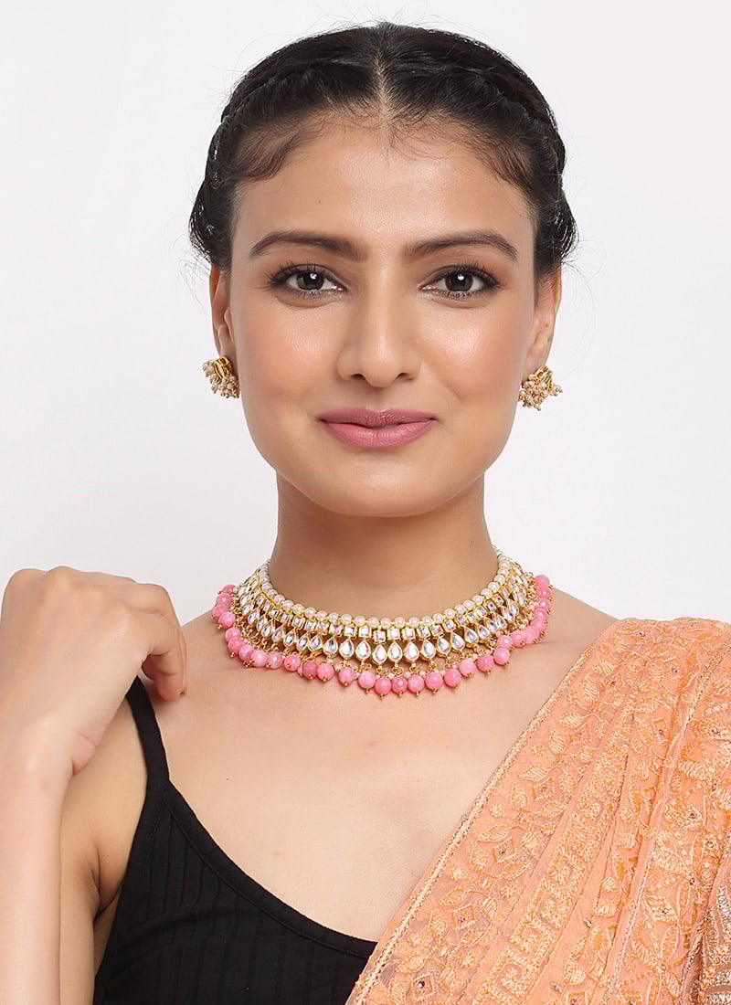 Jewellery For Women In Gold Plated Kundan Work White Beads Stones Choker