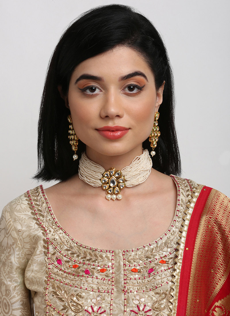 Jewellery For Women In Gold Plated Kundan Work White Beads Stones Choker Party Wear