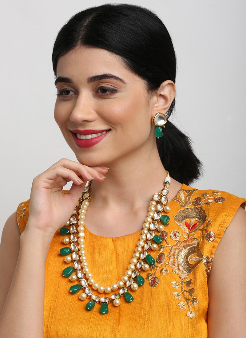 Jewellery Gold Plated Kundan Cream Moti And Green Stone Long Necklace Party Wear