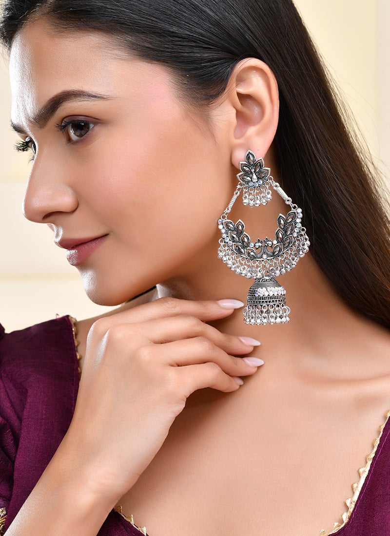 Jhumka Of Silver Oxidised Stone Glow Festive Wear