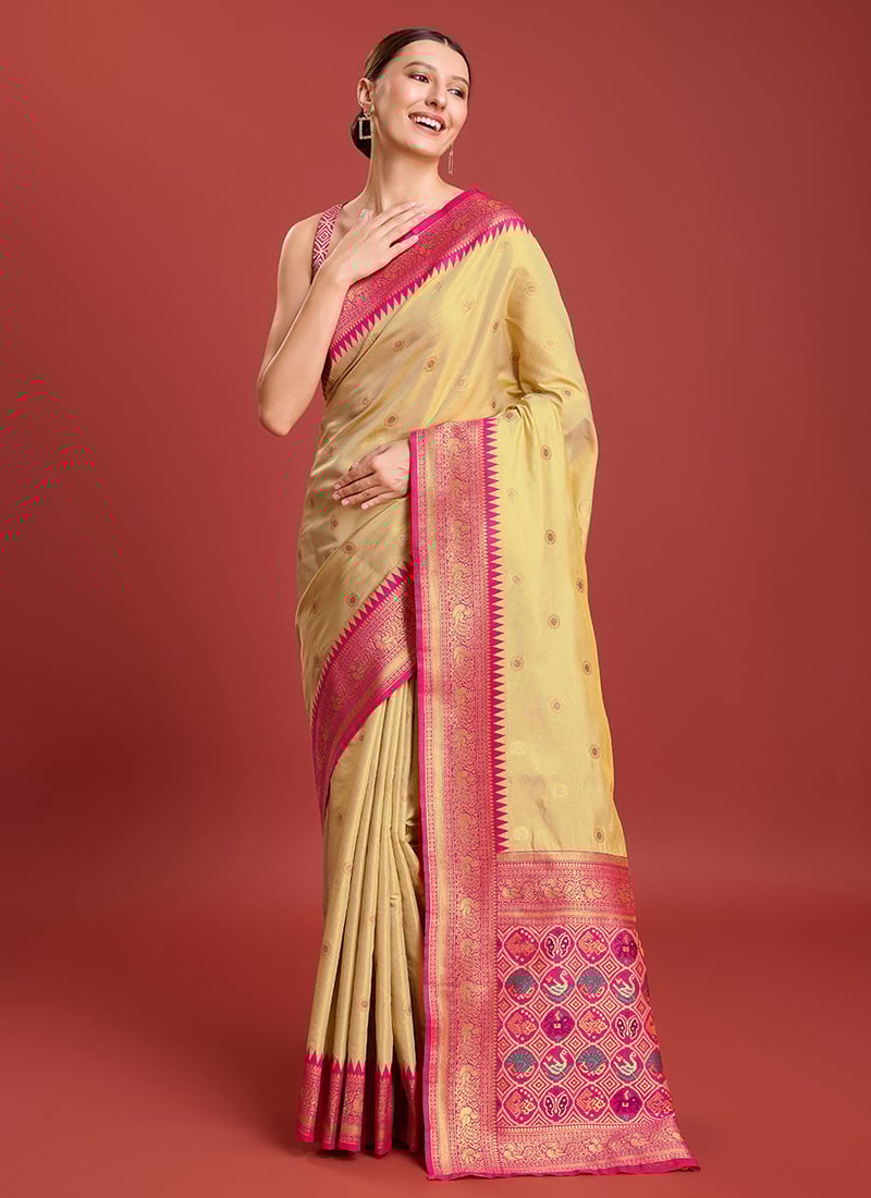 Kanchipuram Silk Zari Woven Beige Saree With Blouse For Traditional Women Festive Wear