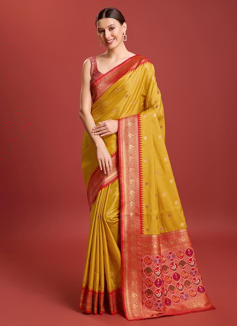 Kanchipuram Silk Zari Woven Mustard Saree With Blouse For Traditional Women Festive Wear
