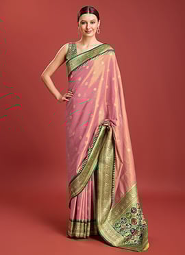 Kanchipuram Silk Zari Woven Pink Saree With Blouse For Traditional Women