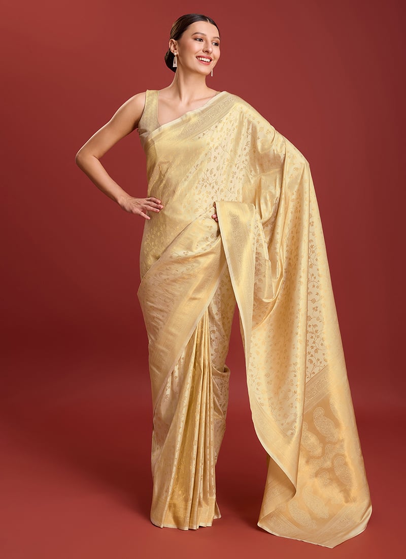 Kanchipuram Silk Zari Woven Traditional Beige Saree With Matching Blouse Festive Wear