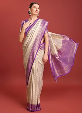 Kanchipuram Silk Zari Woven Traditional Saree With Contrast Lavender Blouse