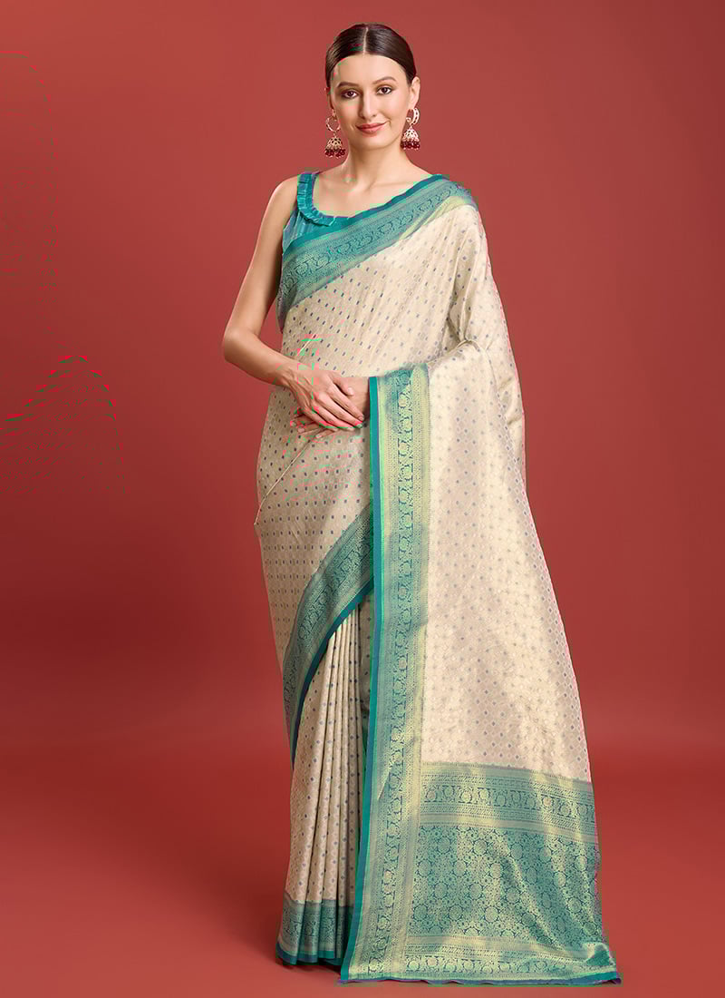 Kanchipuram Silk Zari Woven Traditional Saree With Contrast Turquoise Blouse Festive Wear