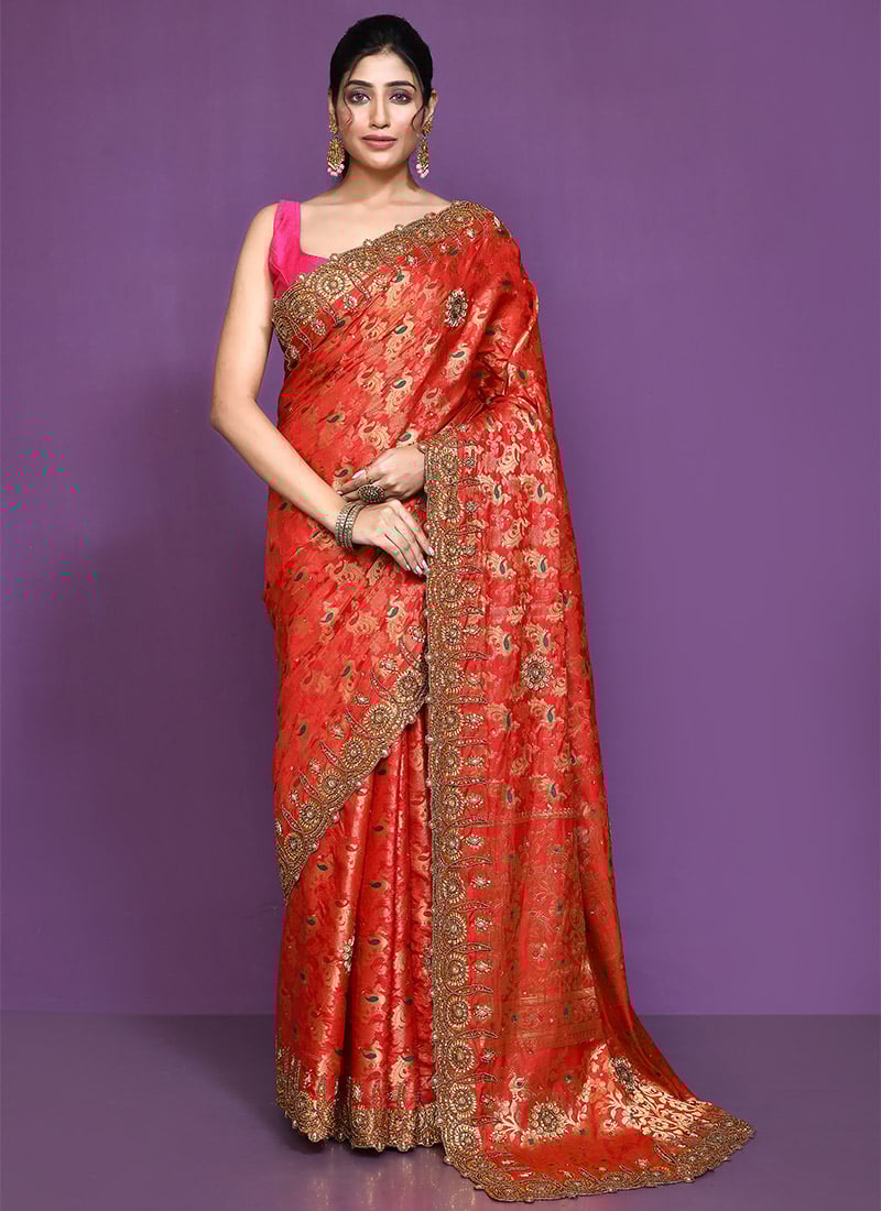 Kanchipuram Zari Embossed Embroidered Red Silk Saree For Traditional Women Festive Wear-SADSF7399