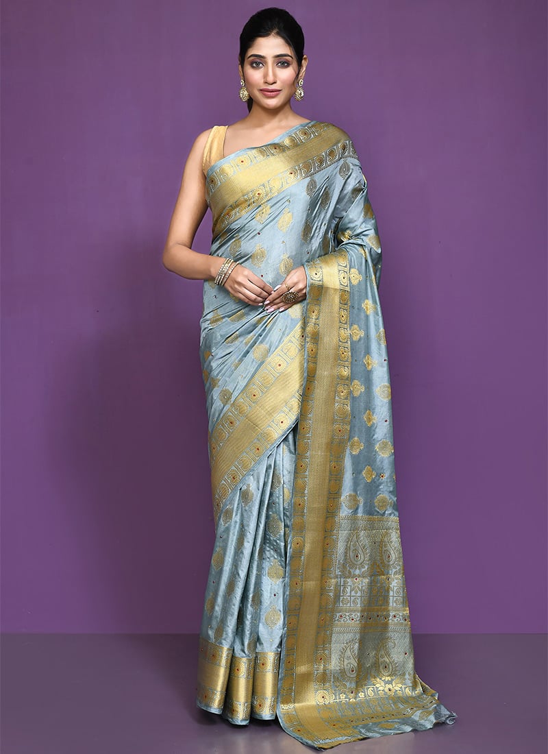 Kanchipuram Zari Embossed Grey Silk Saree Blouse for Traditional Women Festive Wear-SADSF7382